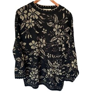 Dana Scott Sweater Women's Size Large Black/Gold Vintage 90s Floral Holiday